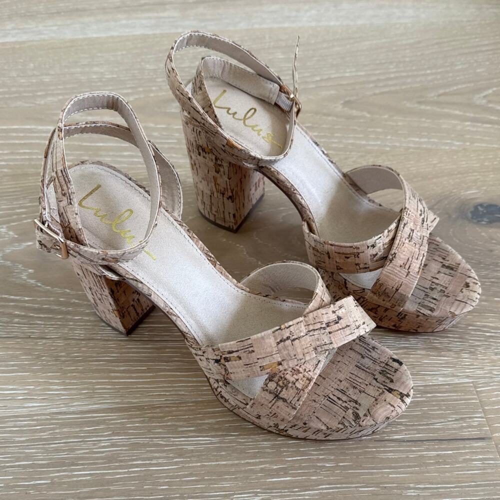 Lulu’s Strap Heels Sandals Platform Cork Selah Size US9 Tan Brown